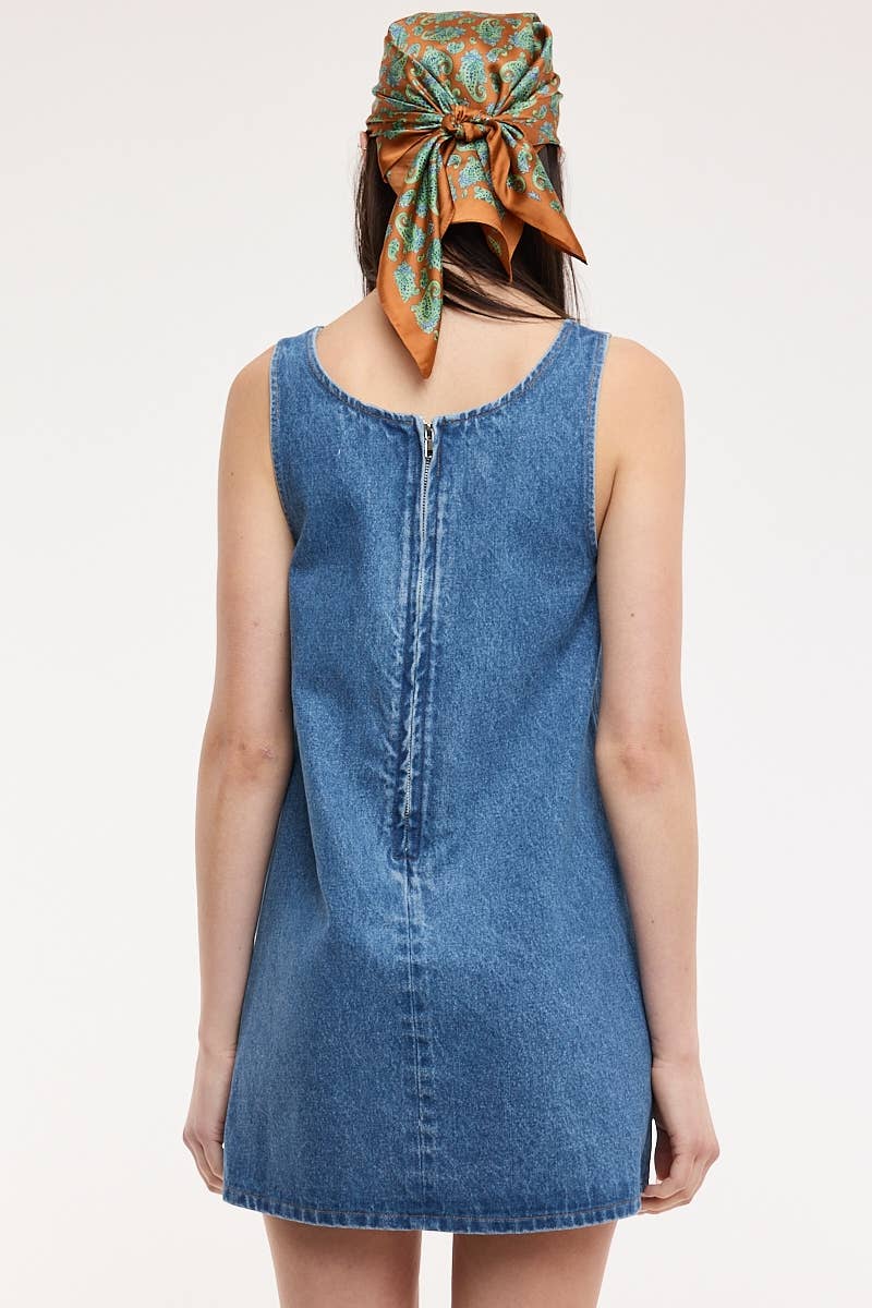 DENIM ROUND NECK MINI DRESS: DENIM / L