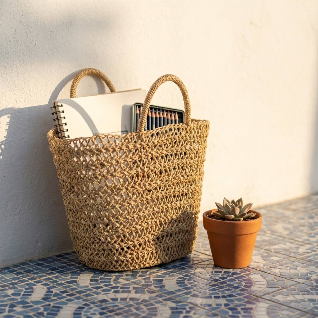 Handwoven Straw Mesh Market Bag Boho Beach Tote Tan
