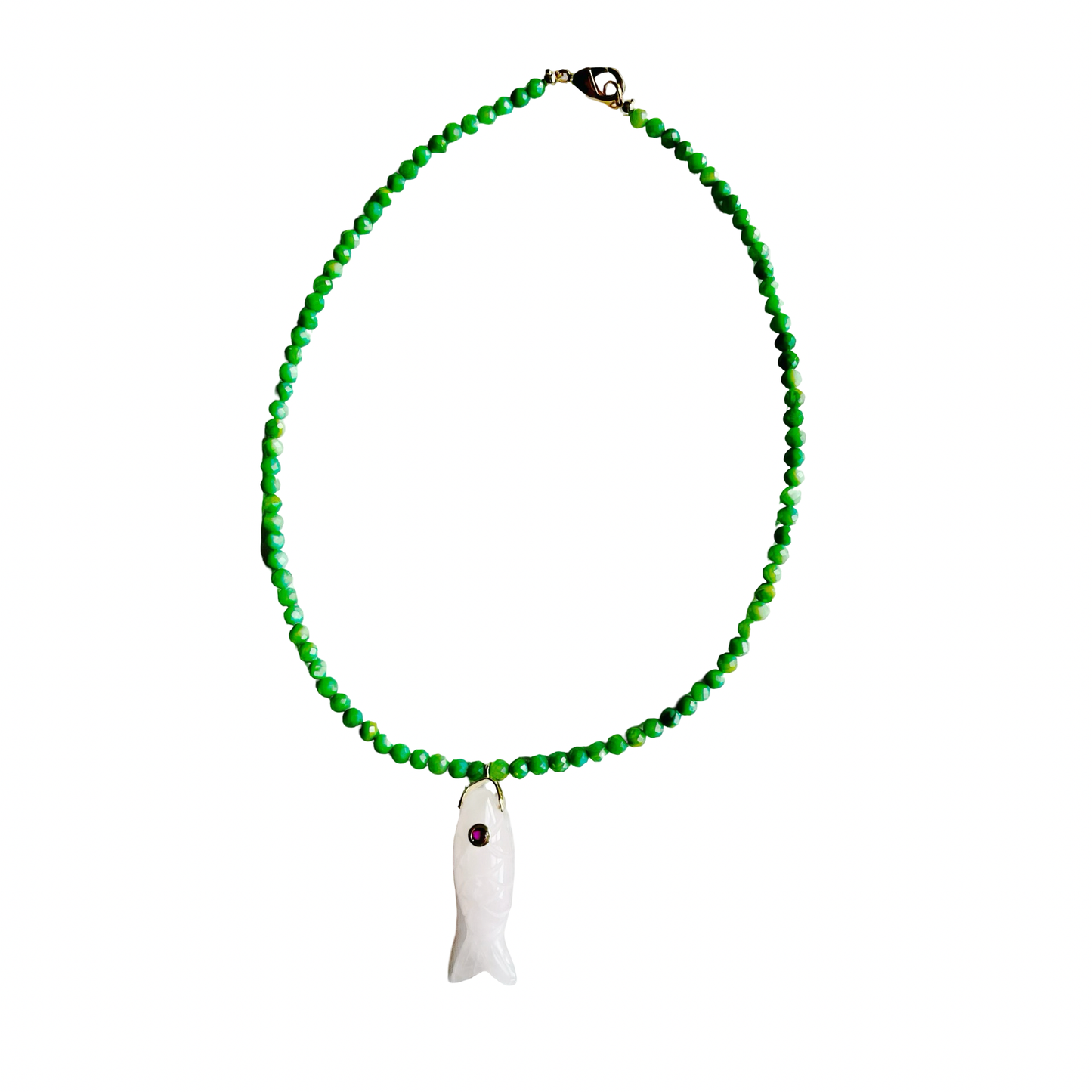 The Big Eye Fish Necklace: Medium Green with Turquoise Fish