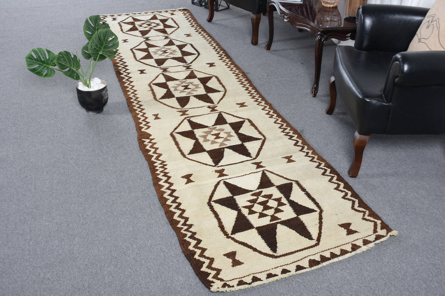 Beige & Brown Geometric Rug, 2.9x11.5 Ft Woven Traditional Rug
