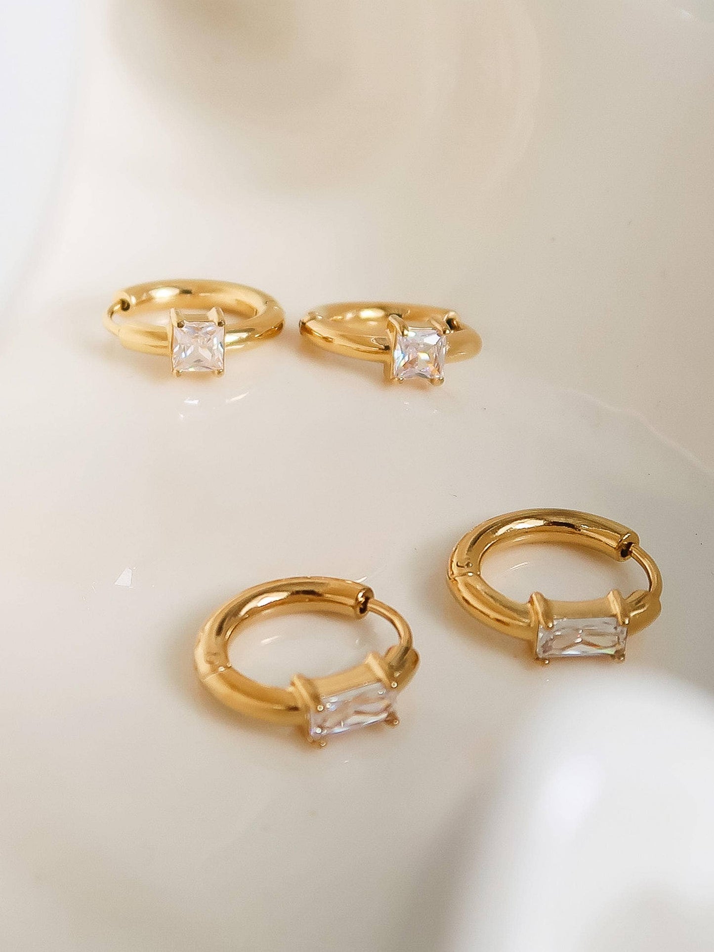Adhara 18K Gold Non-Tarnish CZ Huggie Earrings: Yellow Gold / Square
