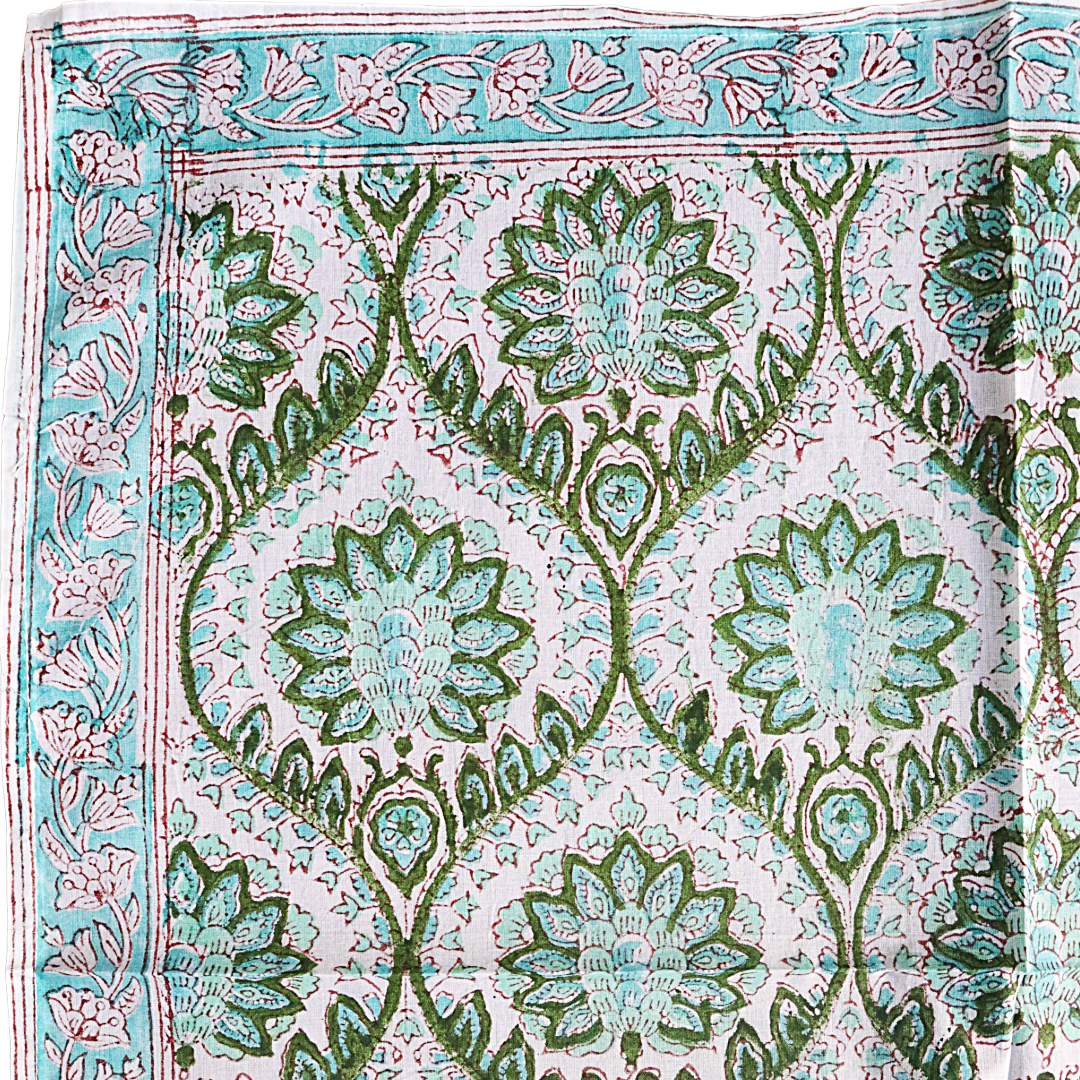 Jade Lattice Bloom - Block Printed Cotton Bandana