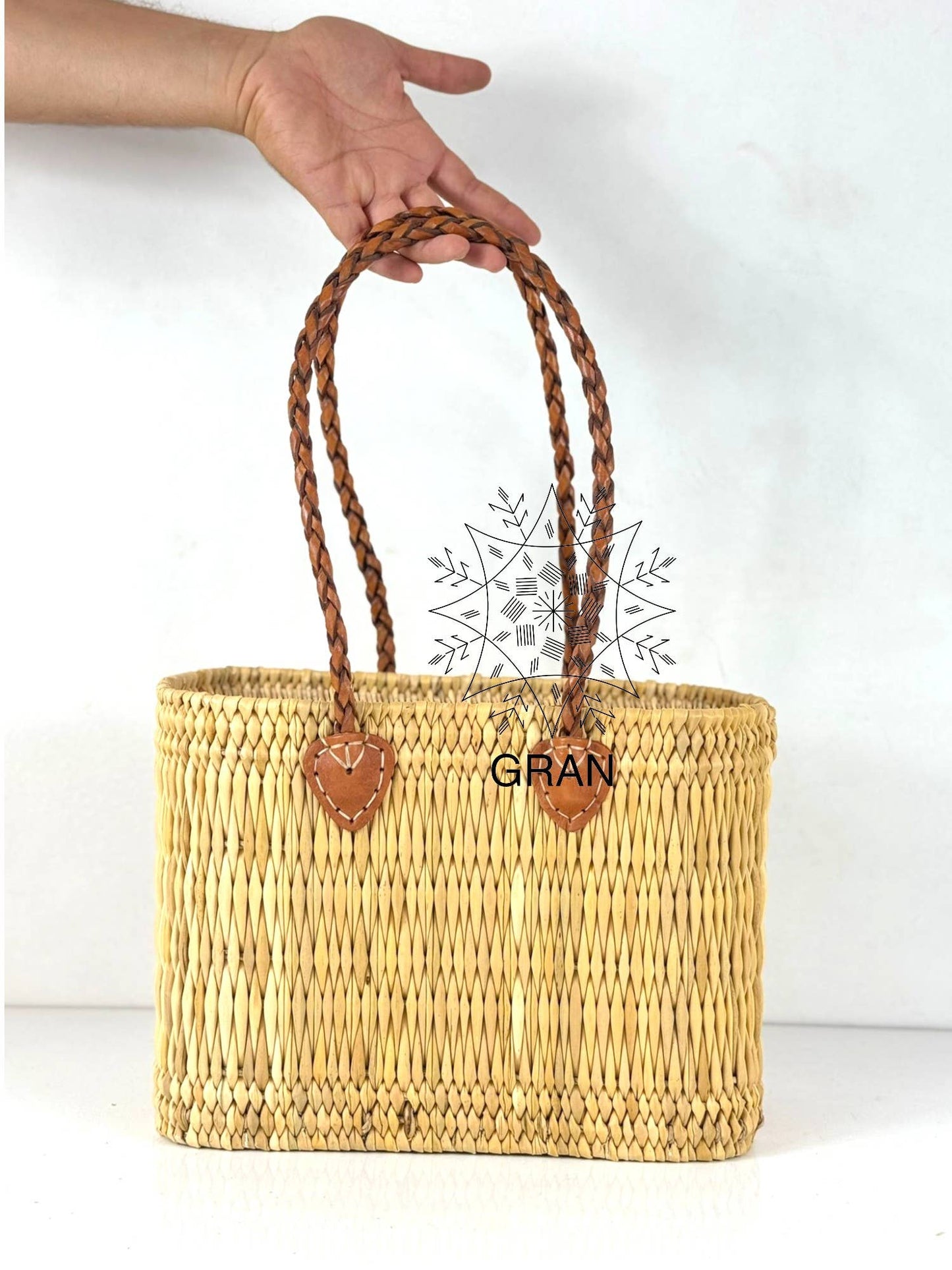 Handwoven Reed Basket with Braided Leather Handles: Small