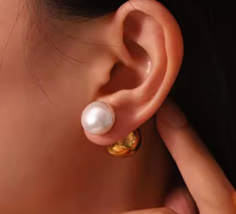 Day to Night-Pearl & Gold Double Stud Steel Earring