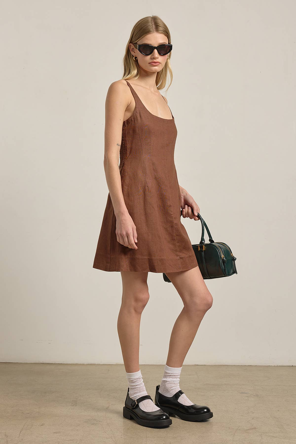 Linen Square Neck Mini Dress - BROWN