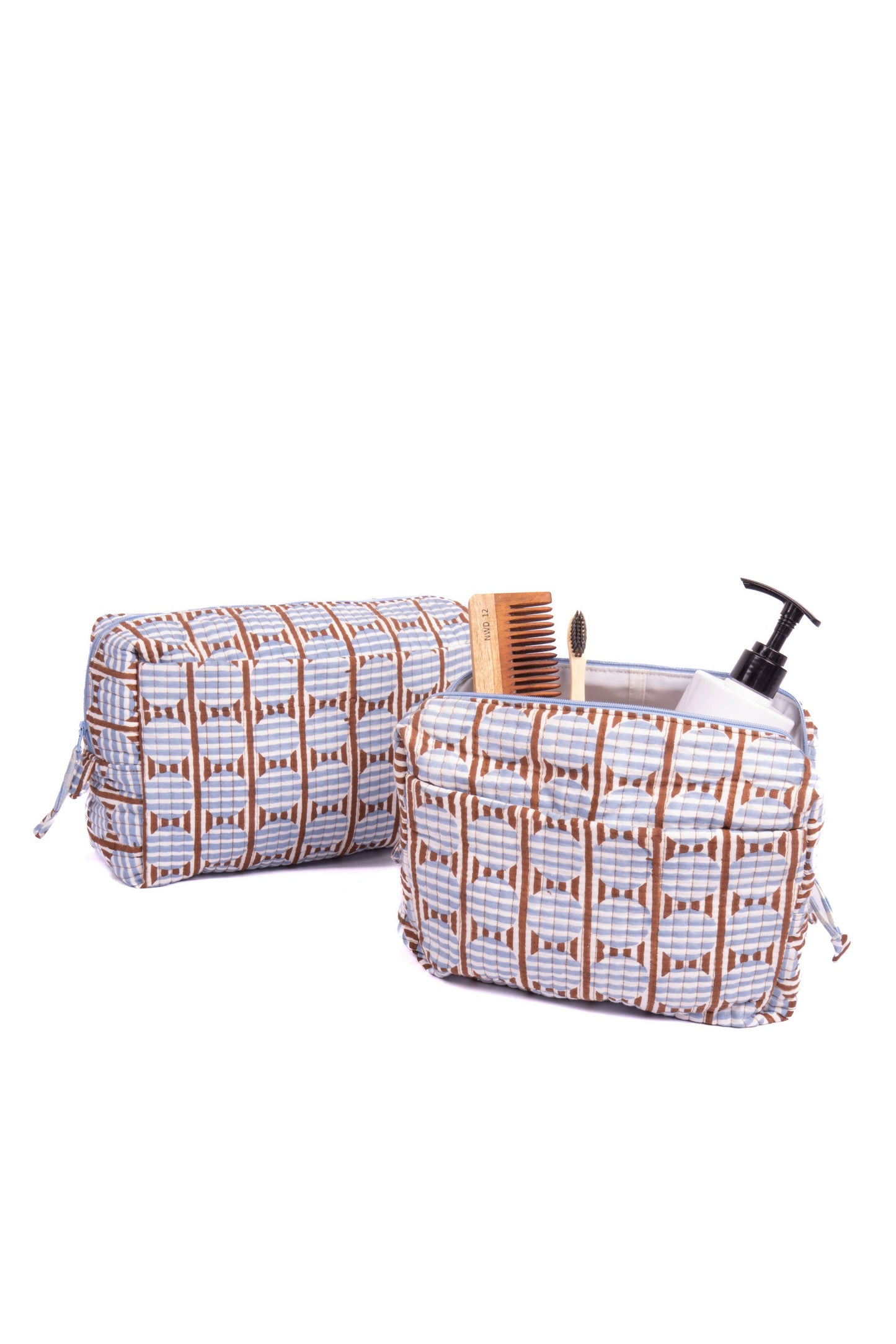 Striped Circles Blockprint Travel Pouch in Brown and Blue (Medium)