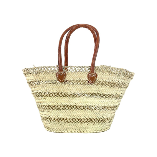 Braided Basket, Straw Market Basket - Beach Bag with Leather: Brown
