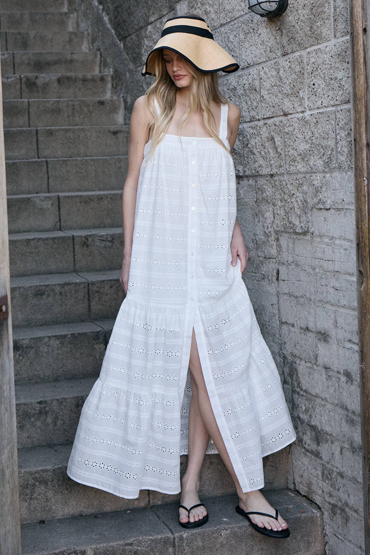Eyelet Tiered Maxi Dress - WHITE
