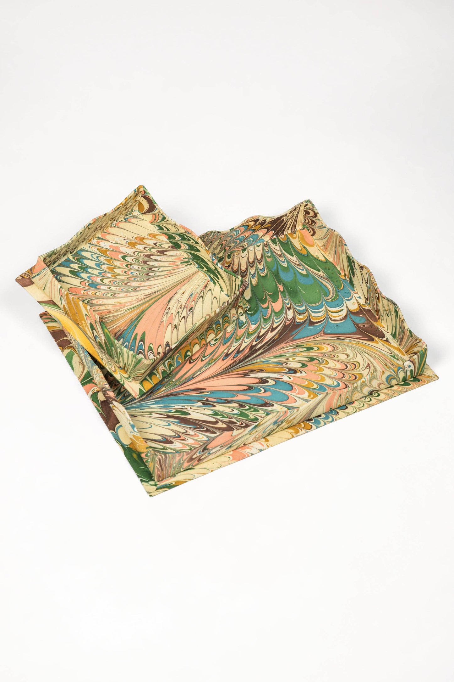 Nesting Scalloped Hand-Marbled Trays in Flatiron Feathers: 2 sizes