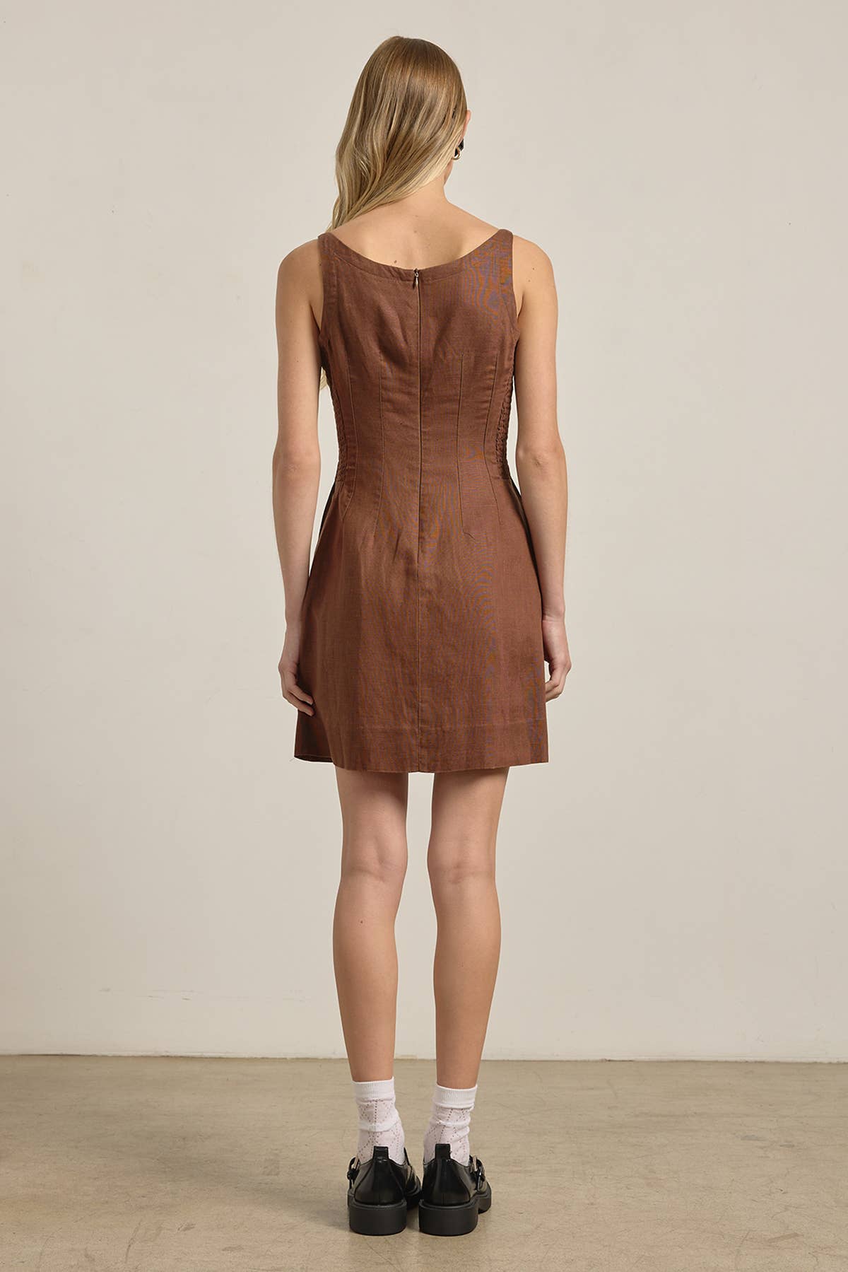 Linen Square Neck Mini Dress - BROWN