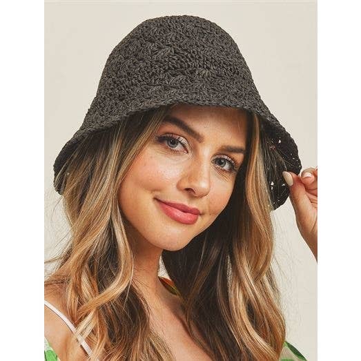 HANDMADE CROCHET STRAW BUCKET HAT : Black