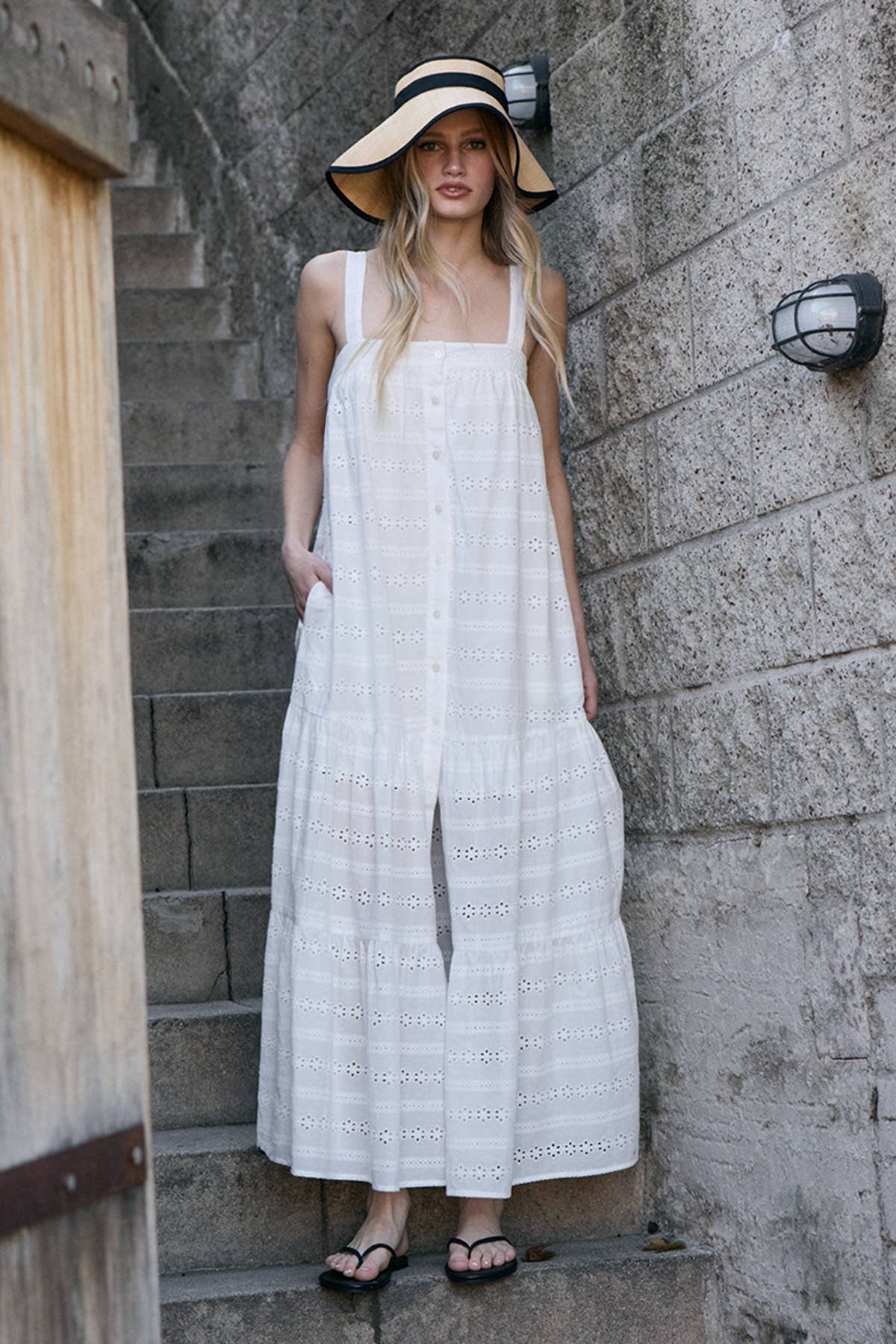 Eyelet Tiered Maxi Dress - WHITE