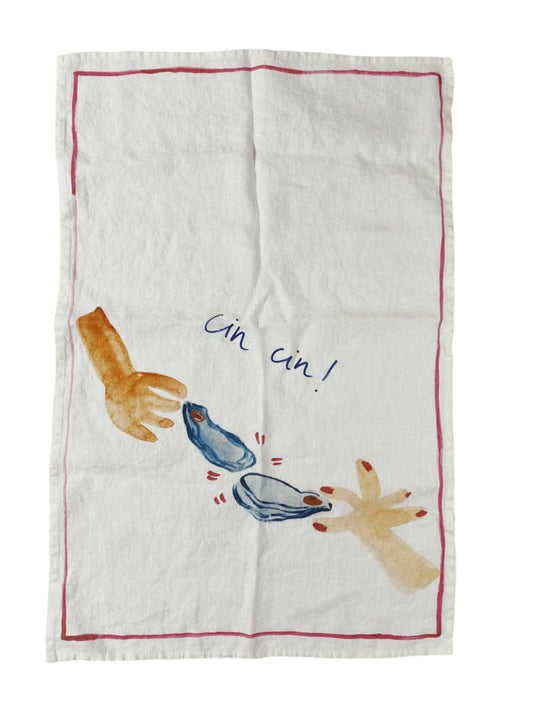 Stoned washed Linen Tea Towel - Oyster Cheers