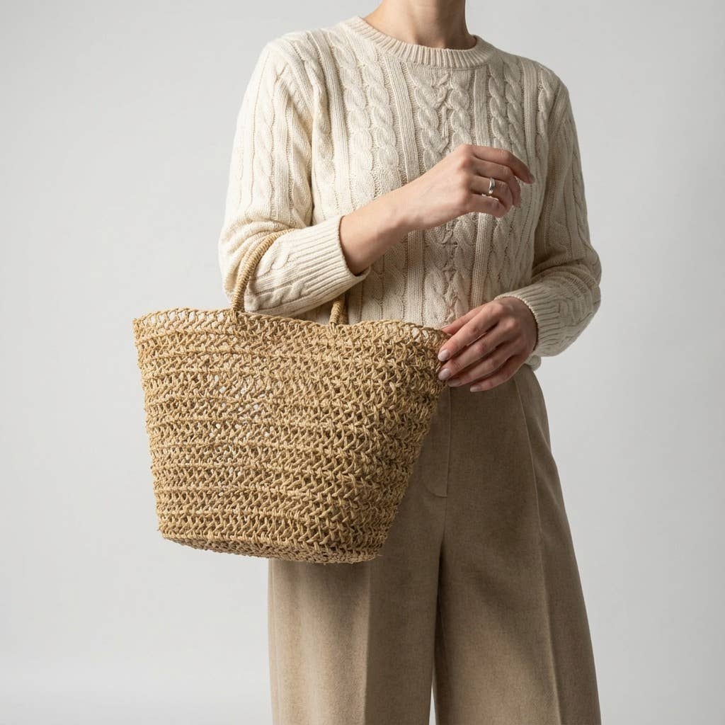 Handwoven Straw Mesh Market Bag Boho Beach Tote Tan