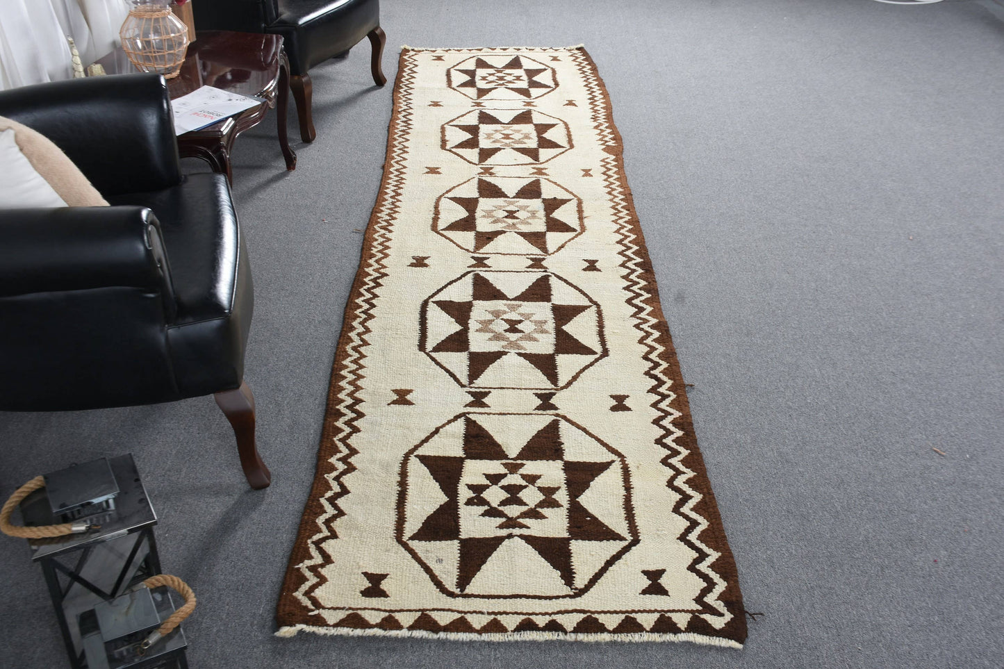 Beige & Brown Geometric Rug, 2.9x11.5 Ft Woven Traditional Rug
