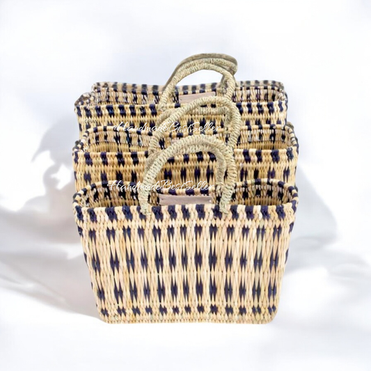 Reed Tote Basket, Natural Straw Storage Basket, Shopping Bag: Set of 3