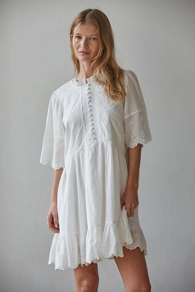 Woven Cotton Eyelet Embroidery Dress: White / M