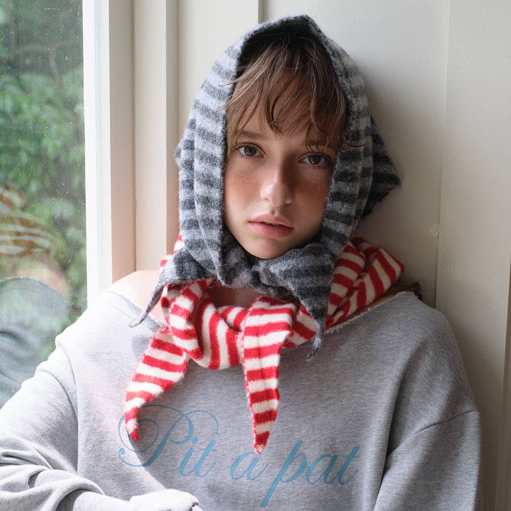 Striped Wool Triangle Scarf - Red and White
