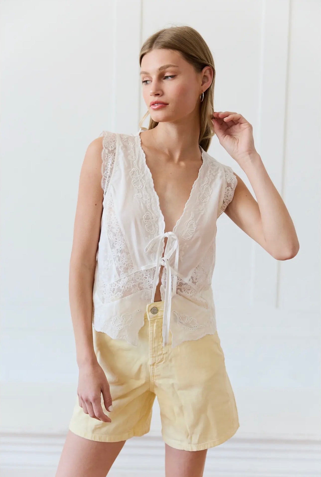 Embroidered Tie top - white