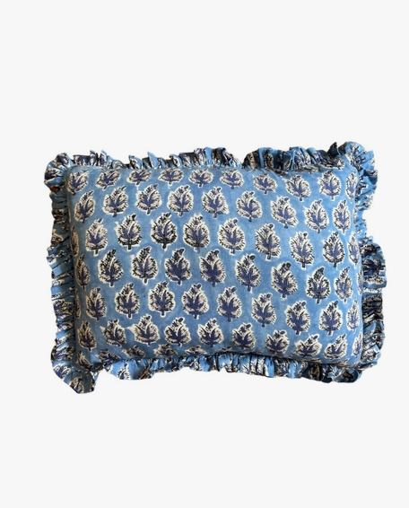 Block Print Floral Ruffle Cushion/Pillow - Moody Blues