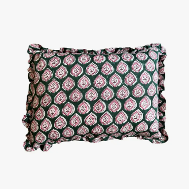 Block Print Floral Ruffle Cushion/Pillow - Pink & Green