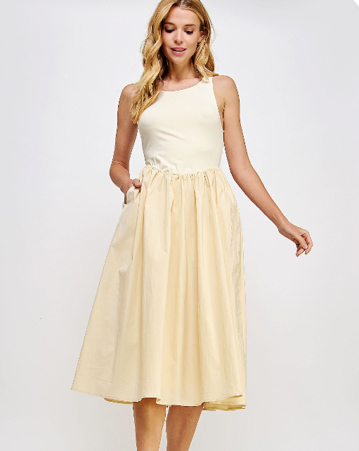 Knit Contrast Poplin Dress - Vanilla