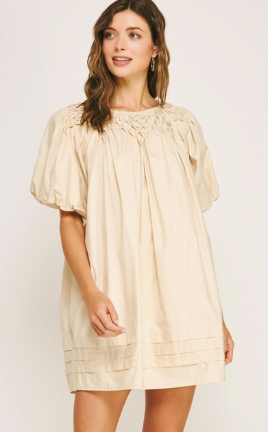 Hand Smocking Detail Poplin Mini Dress - Almond
