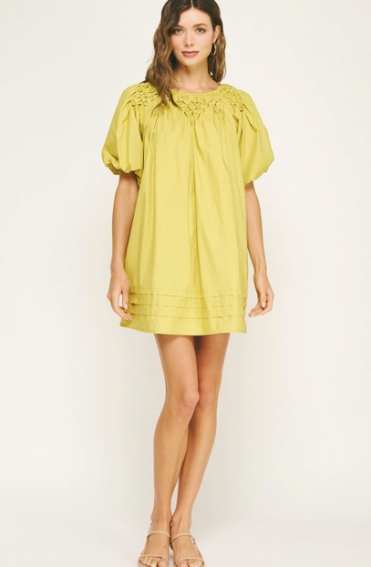 Hand Smocking Detail Poplin Mini Dress - Chartreuse