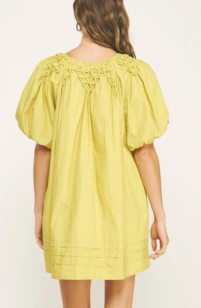 Hand Smocking Detail Poplin Mini Dress - Chartreuse