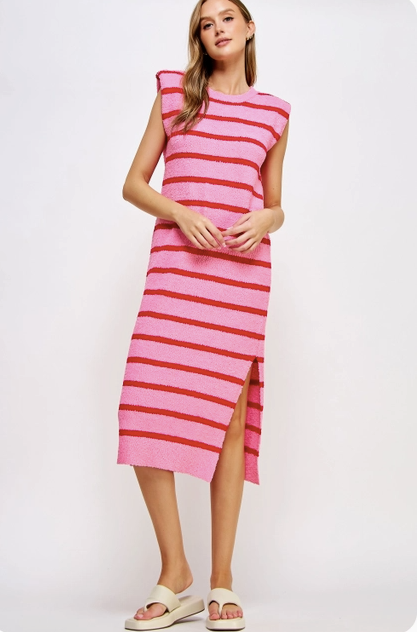 Textured Striped Knit Dress - Red/Pink