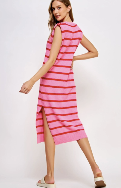 Textured Striped Knit Dress - Red/Pink