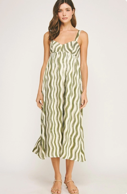 Wavy Striped Satin Midi Dress - Olive/Cream
