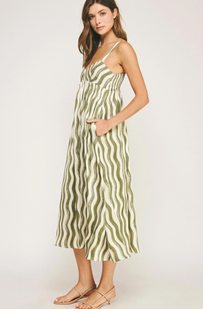 Wavy Striped Satin Midi Dress - Olive/Cream