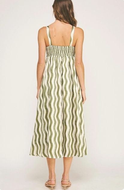 Wavy Striped Satin Midi Dress - Olive/Cream