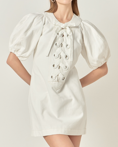Laced Up Puffed Sleeve Mini Dress