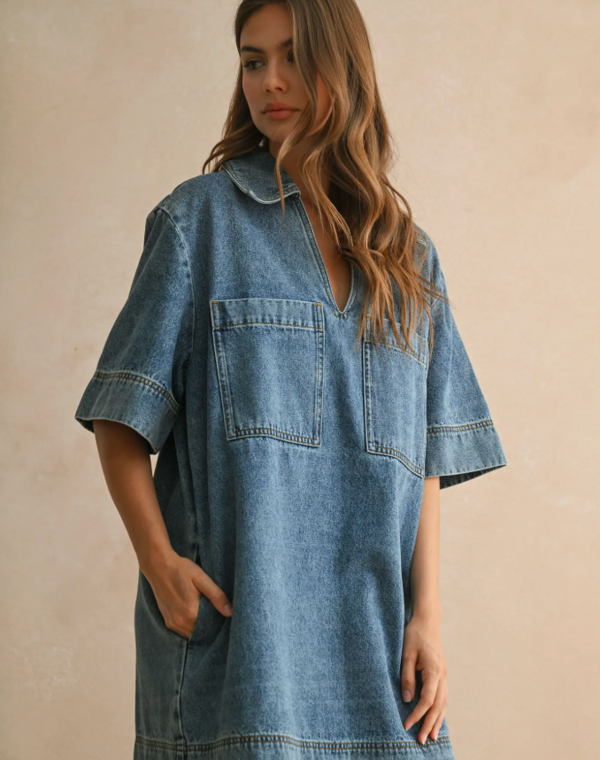 V-Neck Denim Tunic Dress