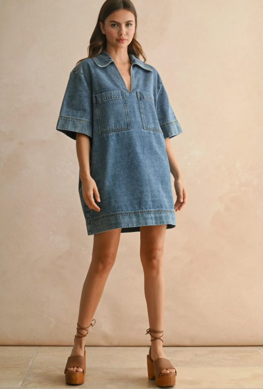 V-Neck Denim Tunic Dress