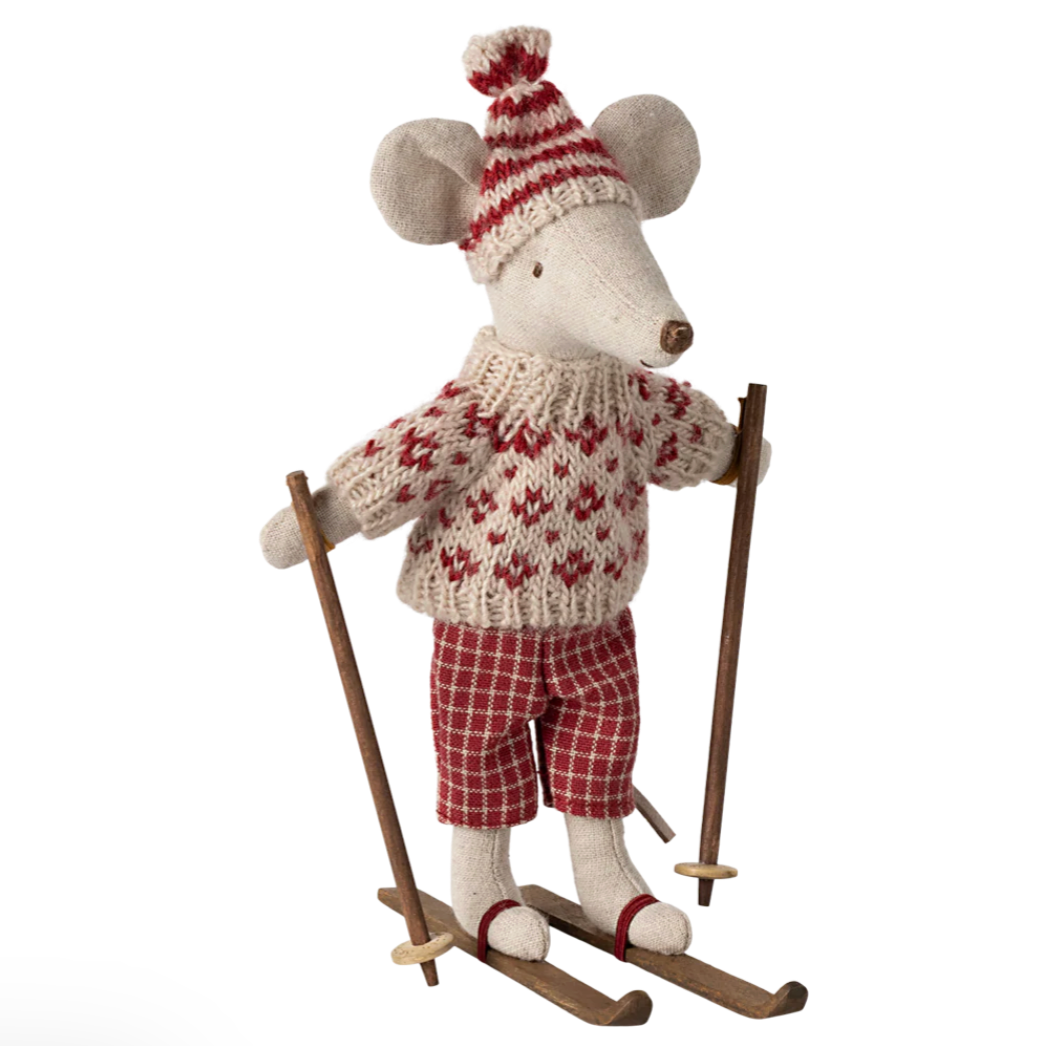 Winter mouse with ski set, Mum - Red