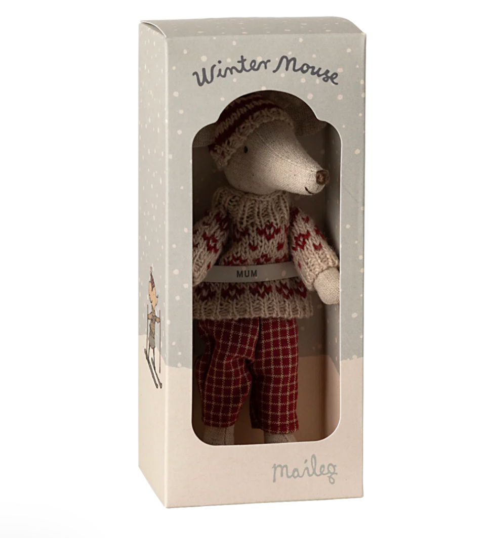 Winter mouse with ski set, Mum - Red