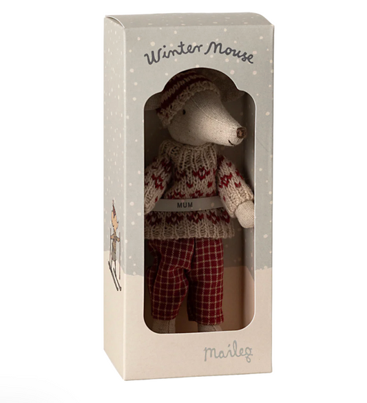 Winter mouse with ski set, Mum - Red