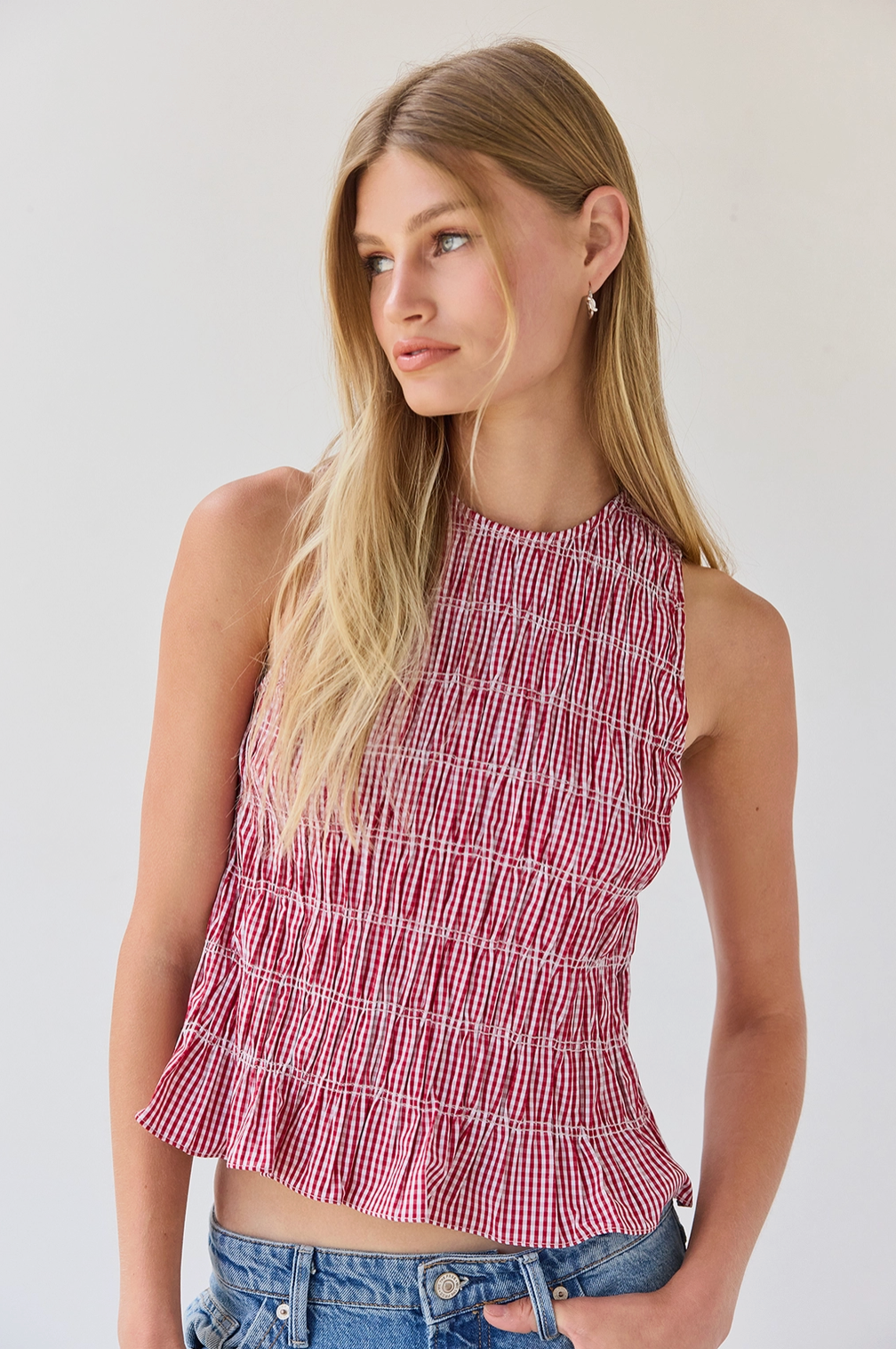 Smocked Gingham Sleeveless Top