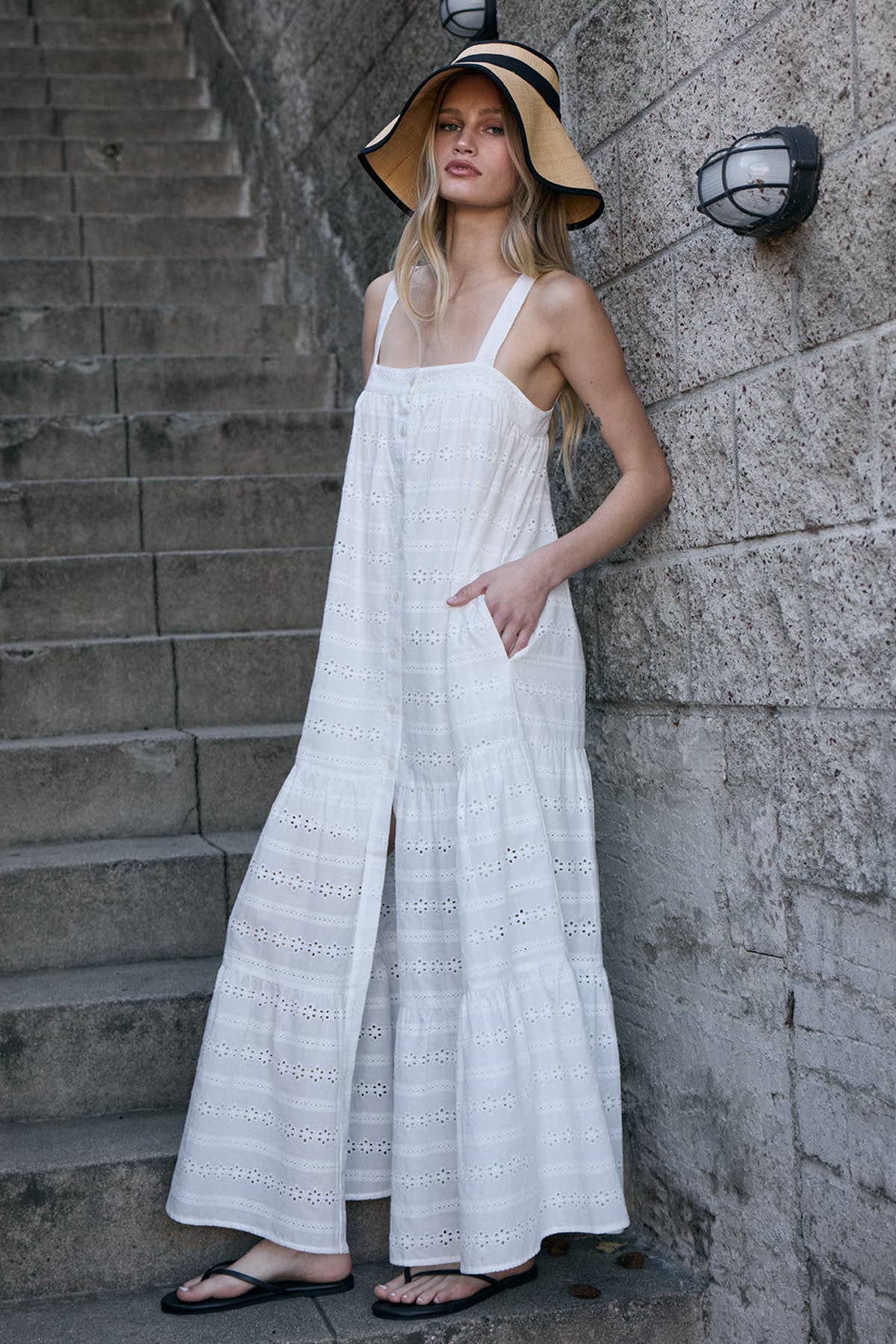 Eyelet Tiered Maxi Dress - WHITE