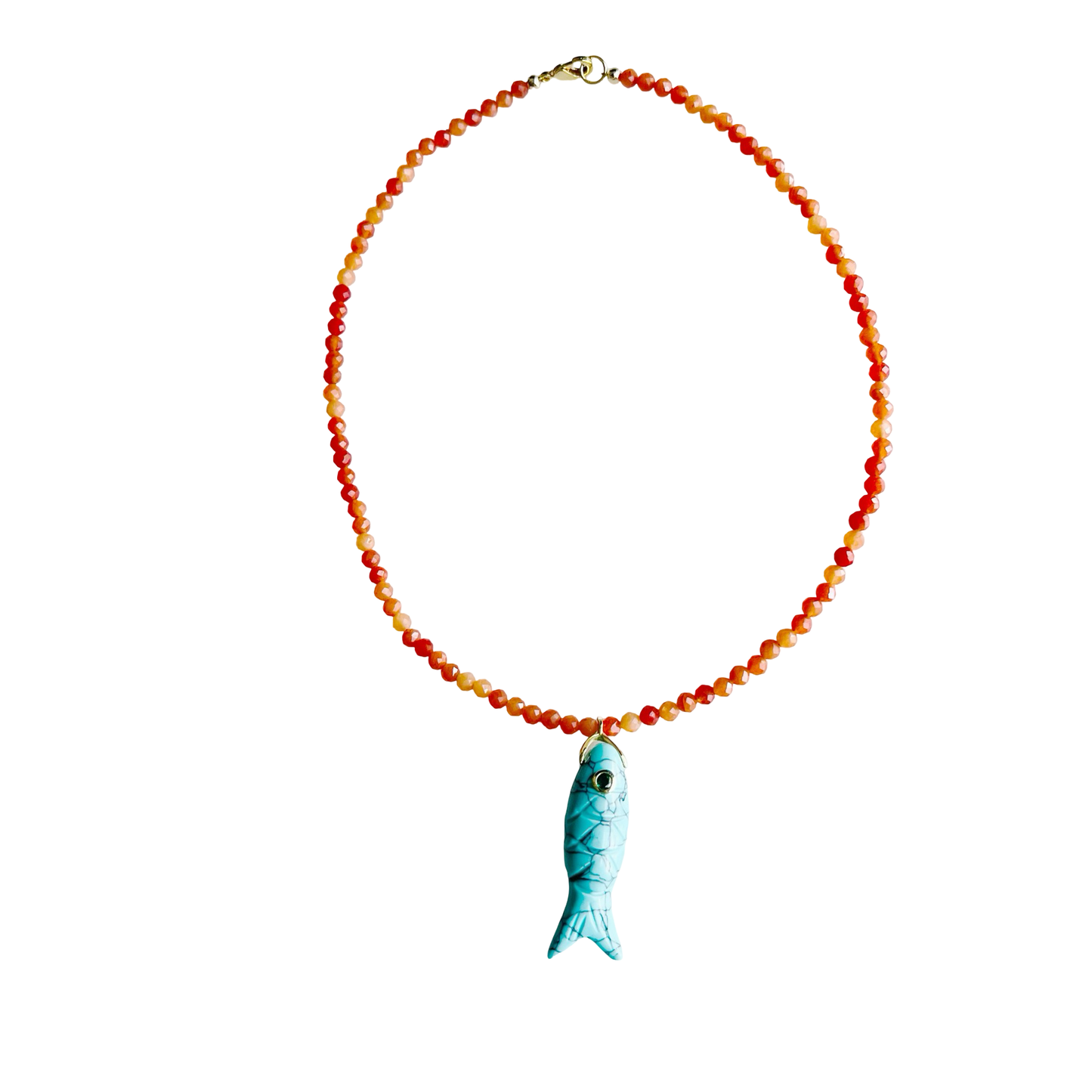 The Big Eye Fish Necklace: Orange Jade with Turquoise
