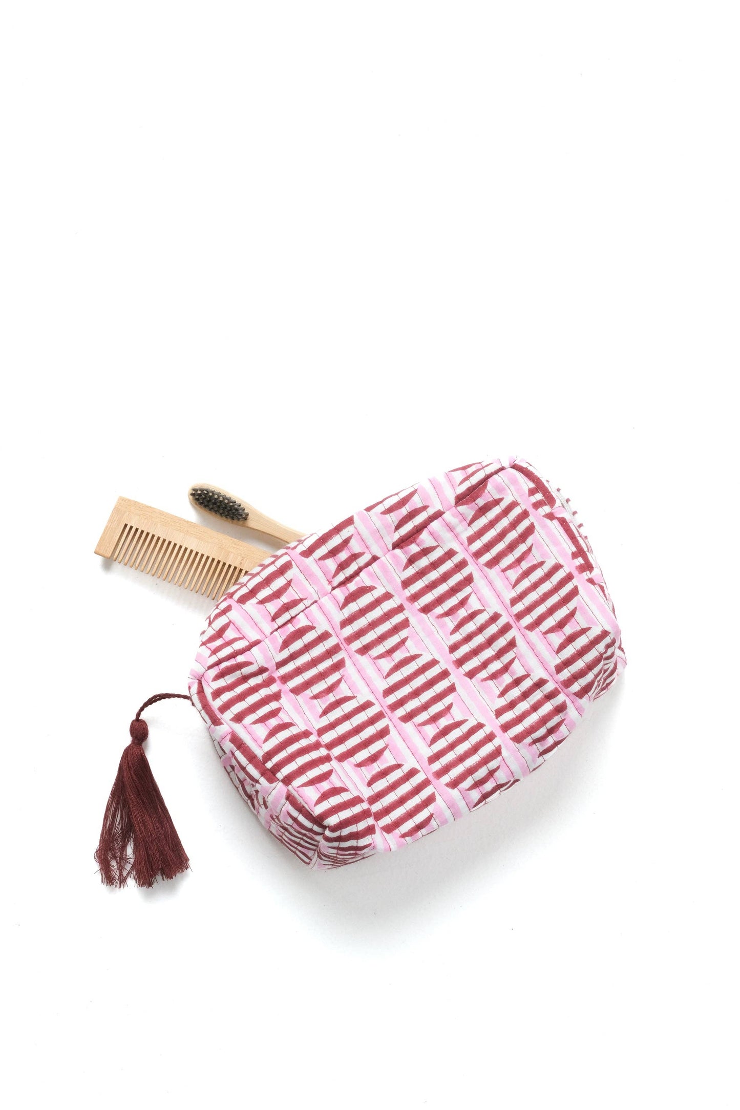 Striped Circles Blockprint Makeup Bag in Burgundy and Pink: Large