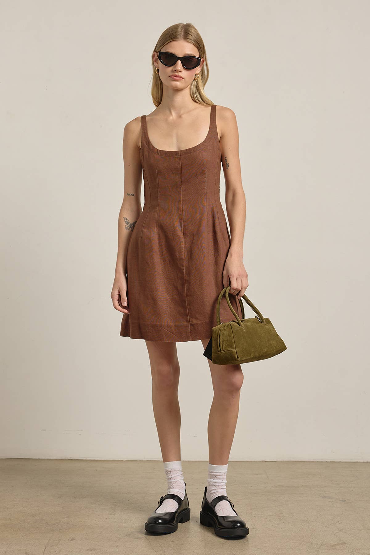 Linen Square Neck Mini Dress - BROWN