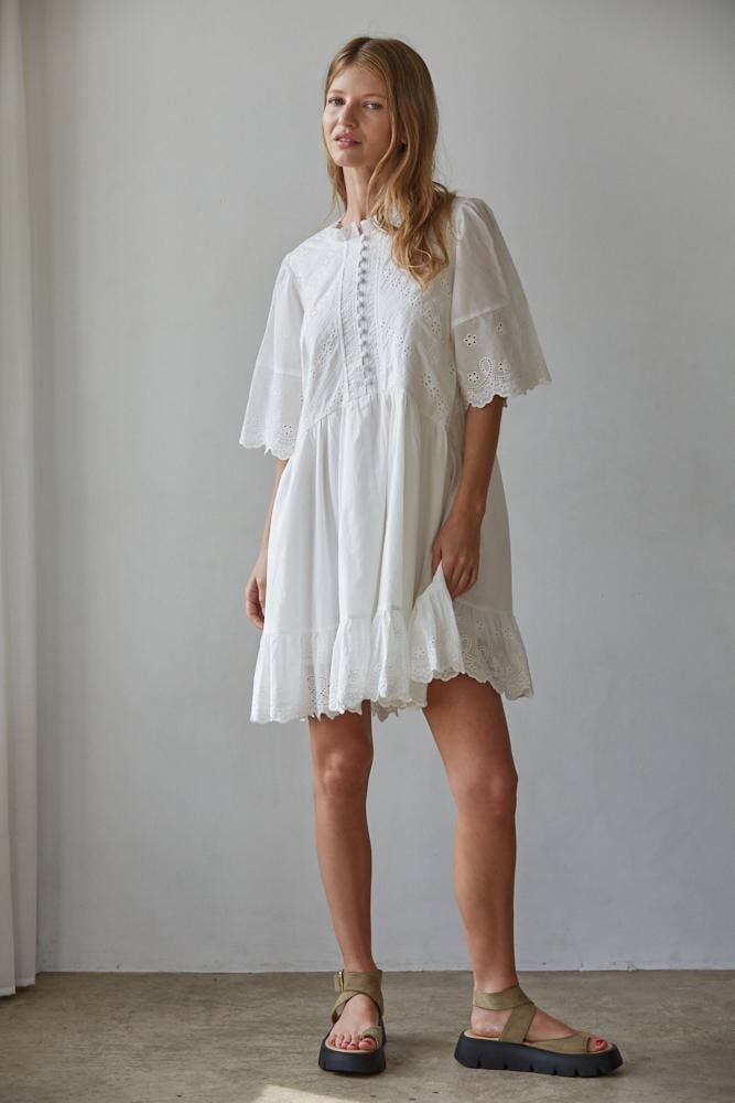 Woven Cotton Eyelet Embroidery Dress: White / S