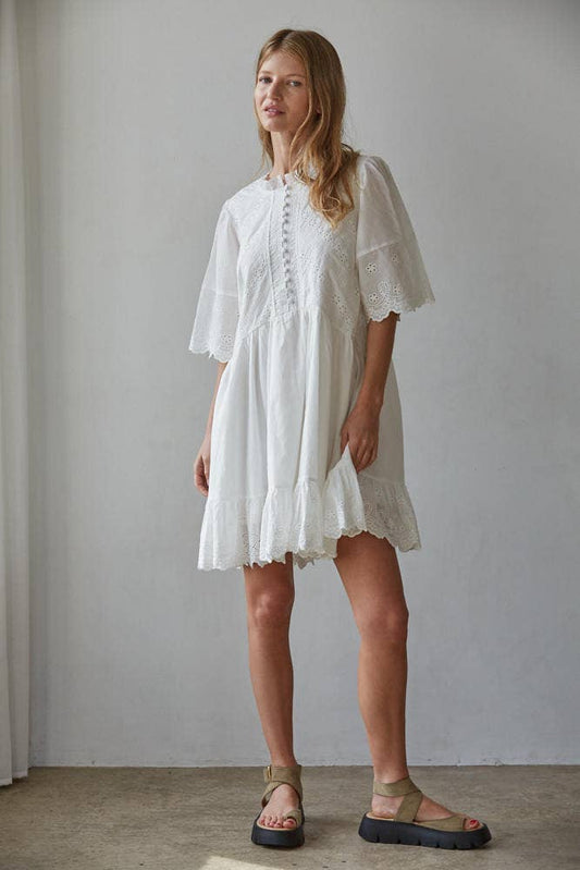 Woven Cotton Eyelet Embroidery Dress: White / S