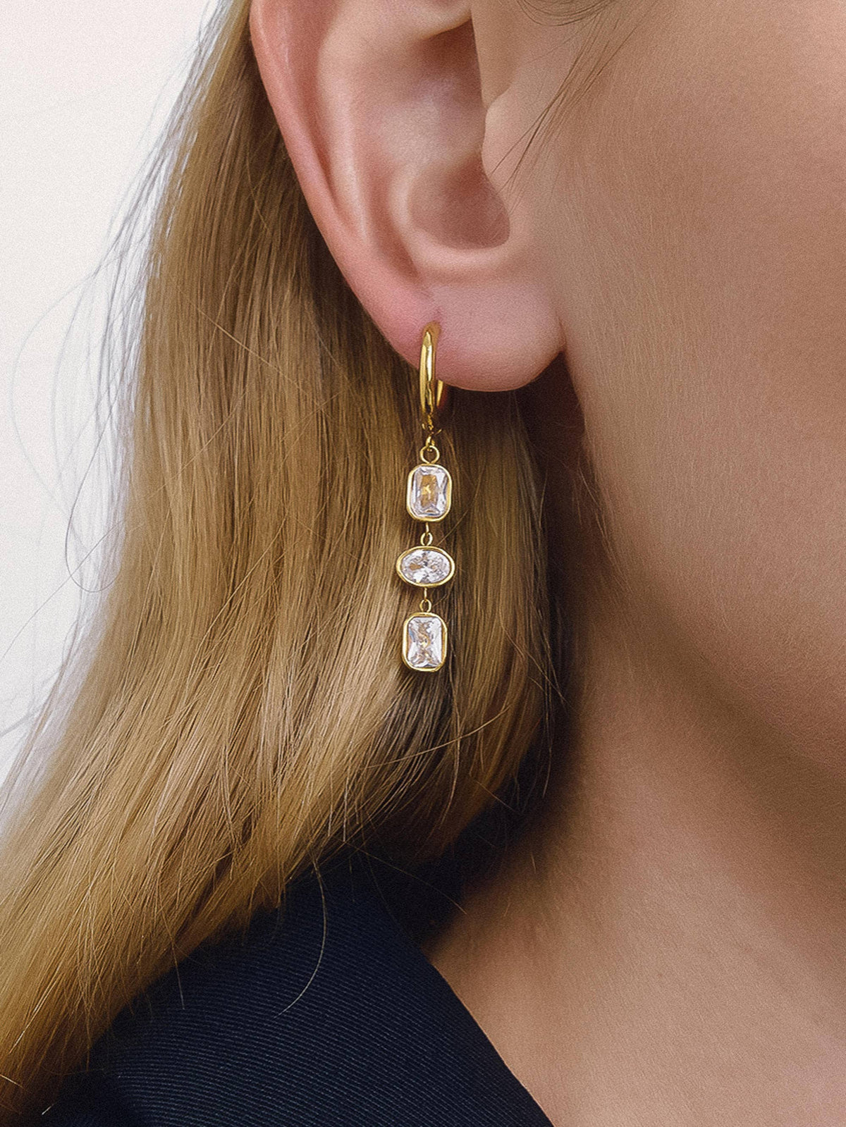 Sunniva 18K Gold Non-Tarnish CZ Triple Drop Earrings: Yellow Gold