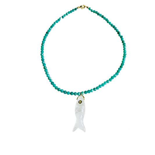 The Big Eye Fish Necklace: Ice Blue Jade with Aventurine Fish