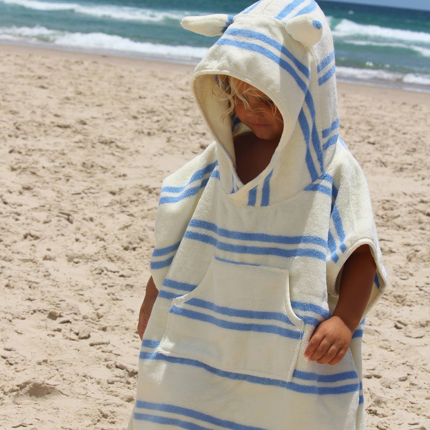 Kids Hooded Towel - Sammy the Seagull Blue Stripe